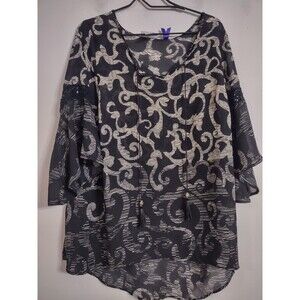 Catherines Womens Top 14/16 Black Ivory Geo Boho Peasant Tie Neck V-Neck Tunic